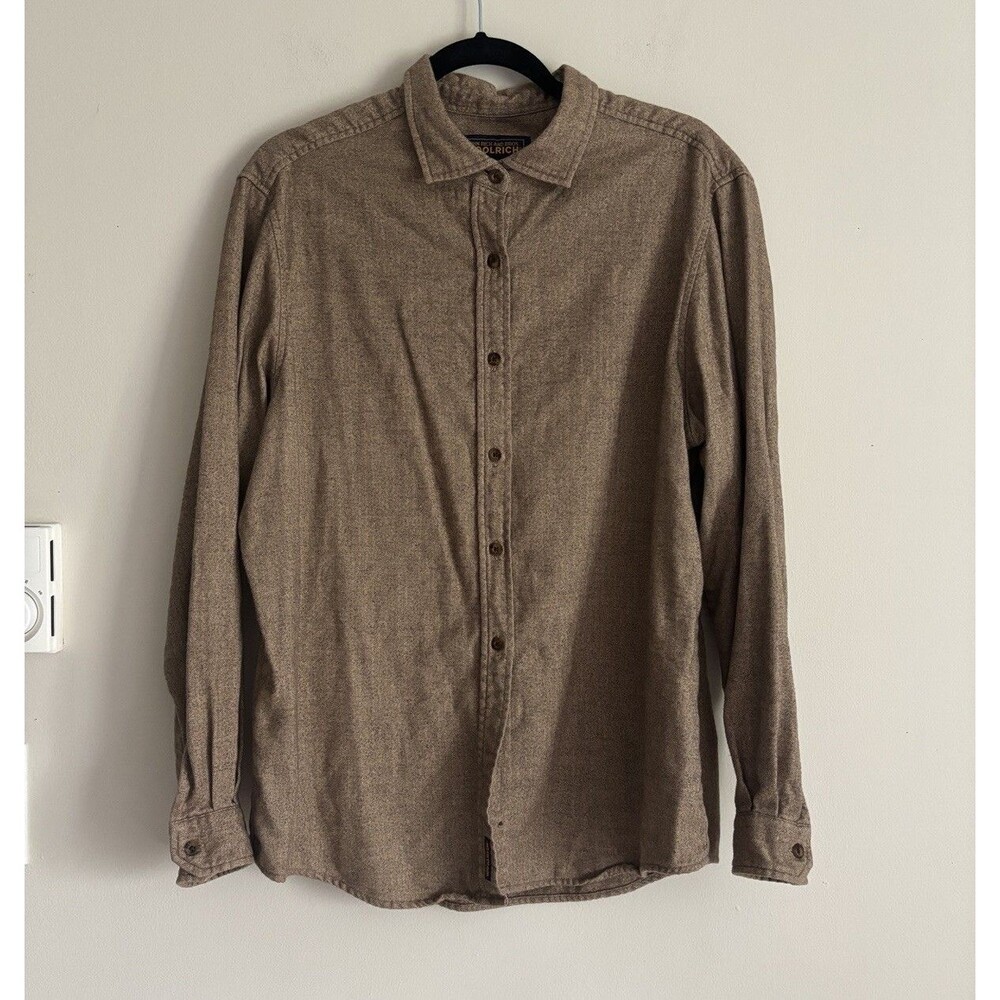 Woolrich Womens Small Button Up Shirt Herringbone Cotton Brown Tan Y2K Classic